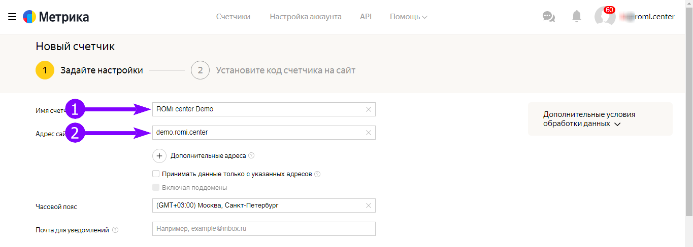 Форма настройки нового счетчика: имя счетчика и адрес сайта