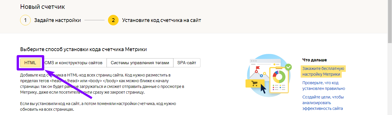 Выбор вкладки «HTML» на шаге установки кода счетчика