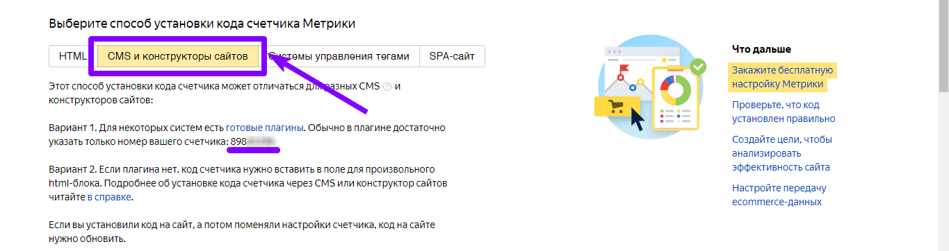 Вкладка «CMS и конструкторы сайтов» с номером счетчика для плагина