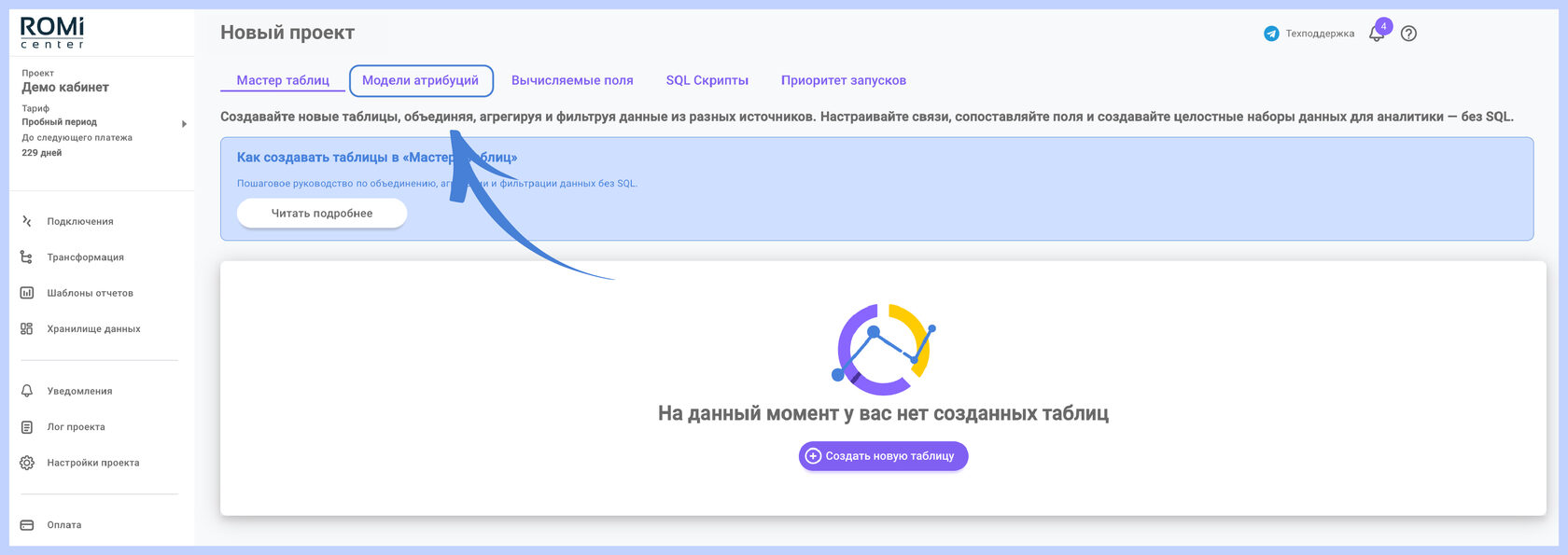 Раздел «Трансформация данных» с вкладками Мастер таблиц, Модели атрибуций и Вычисляемые поля